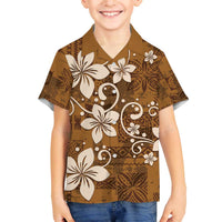 Plumeria Floral Tapa Pattern Vintage Gold Family Matching Off Shoulder Short Dress and Hawaiian Shirt