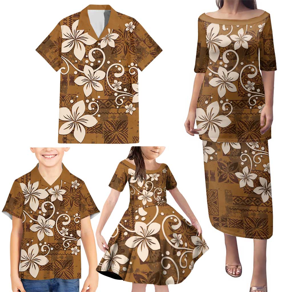 Plumeria Floral Tapa Pattern Vintage Gold Family Matching Puletasi and Hawaiian Shirt