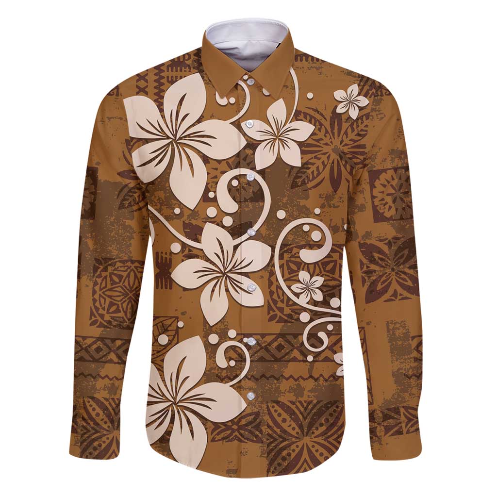 Plumeria Floral Tapa Pattern Vintage Gold Family Matching Puletasi and Hawaiian Shirt LT01 Dad's Shirt - Long Sleeve Gold - Polynesian Pride