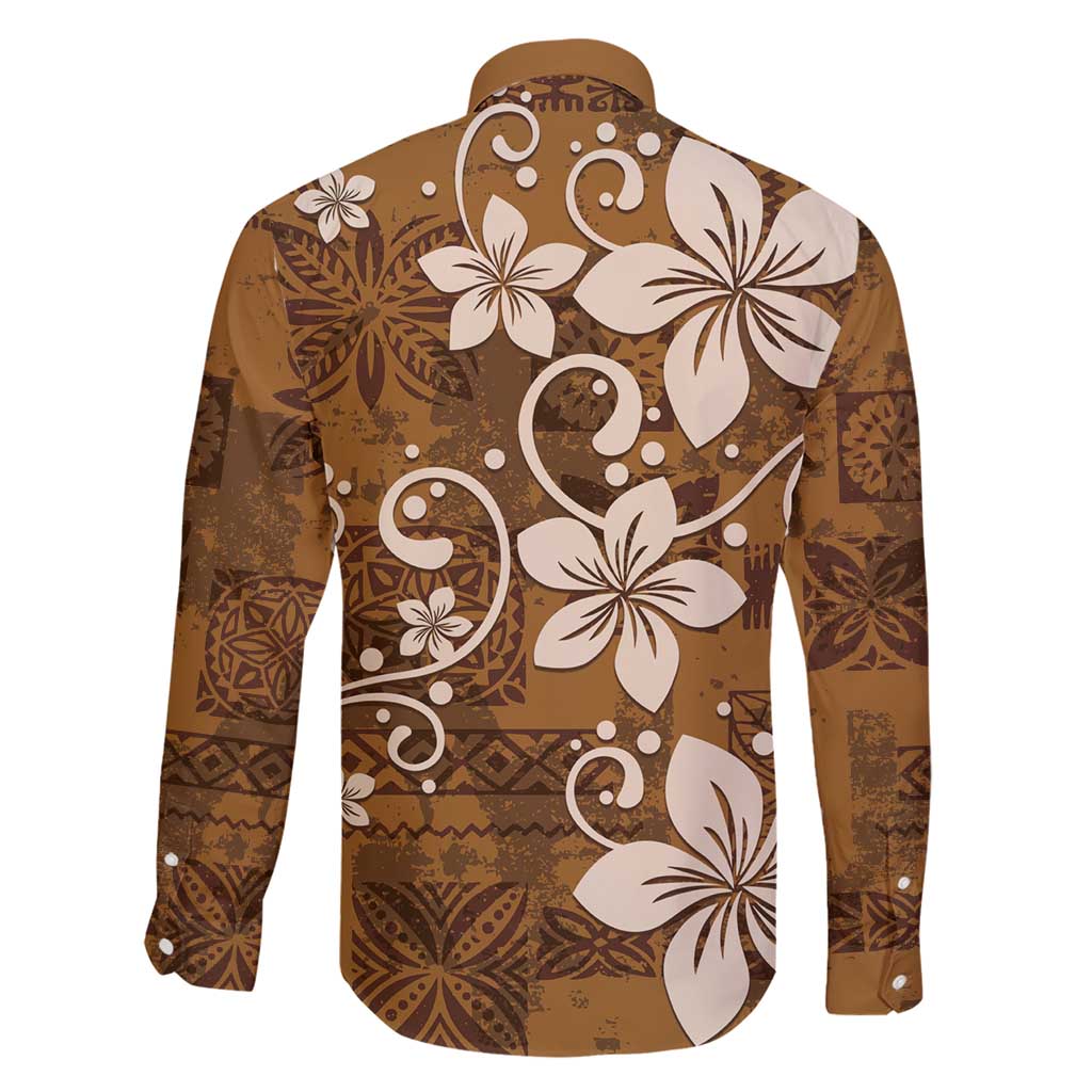 Plumeria Floral Tapa Pattern Vintage Gold Family Matching Short Sleeve Bodycon Dress and Hawaiian Shirt