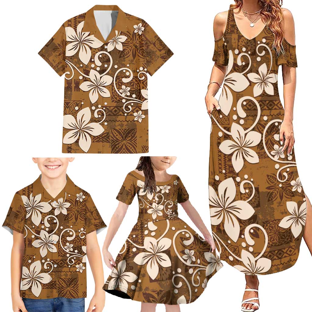 Plumeria Floral Tapa Pattern Vintage Gold Family Matching Summer Maxi Dress and Hawaiian Shirt