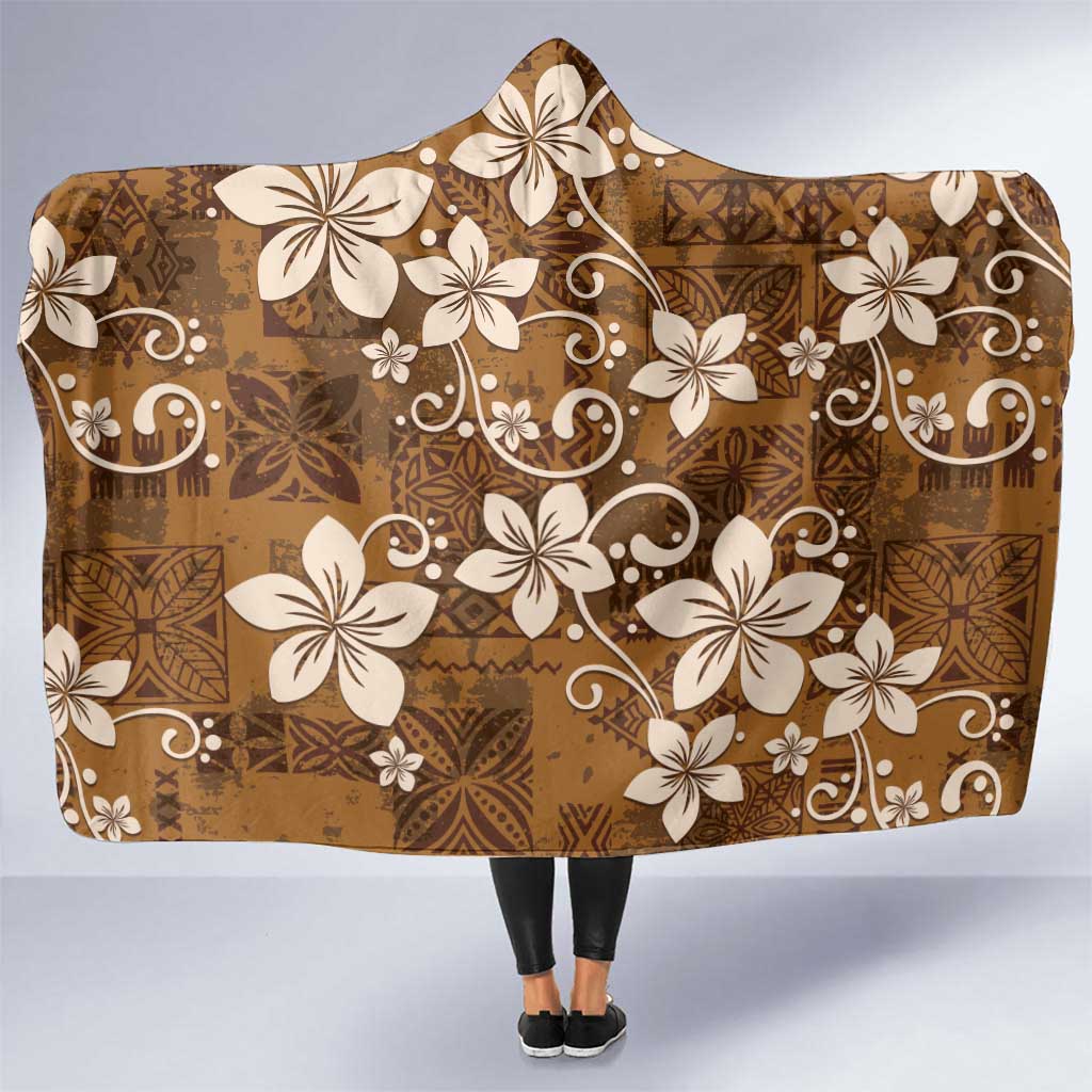 Plumeria Floral Tapa Pattern Vintage Gold Hooded Blanket LT01 One Size Gold - Polynesian Pride