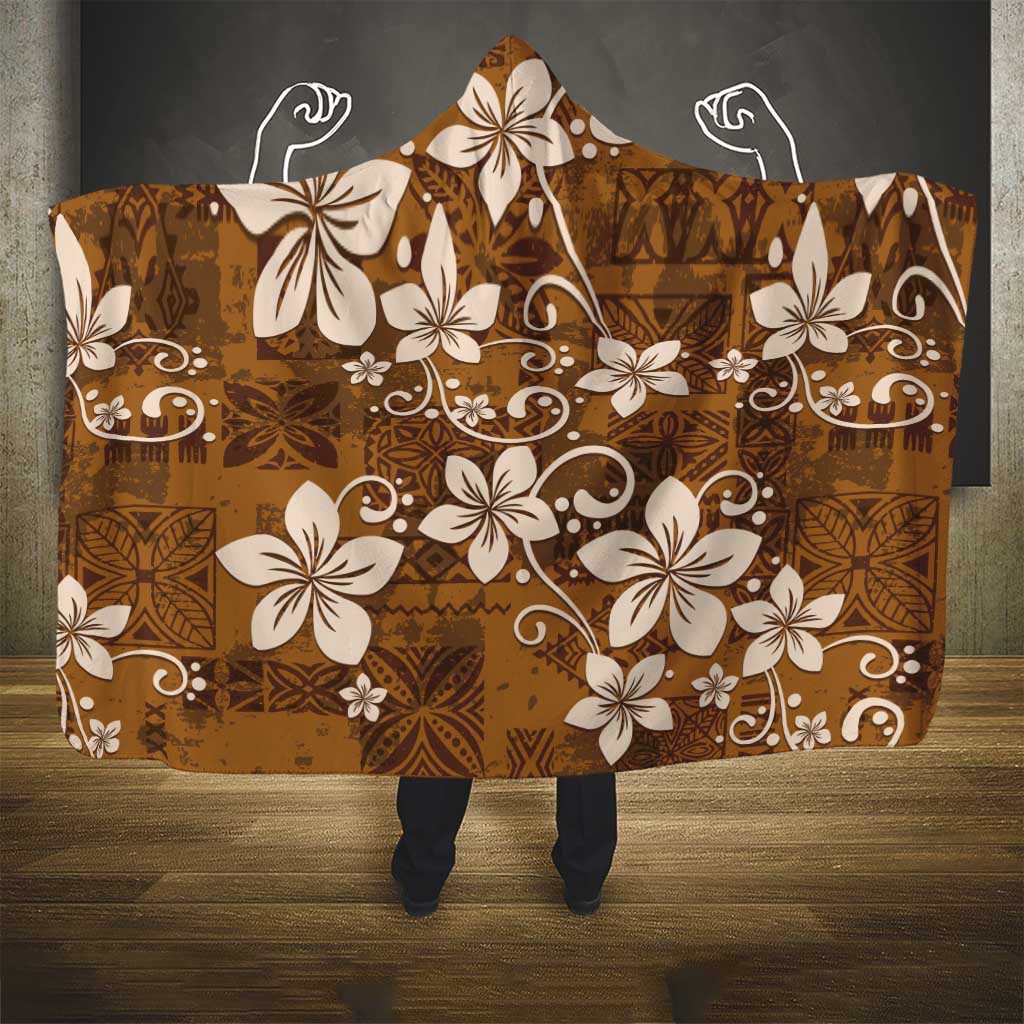 Plumeria Floral Tapa Pattern Vintage Gold Hooded Blanket LT01 - Polynesian Pride
