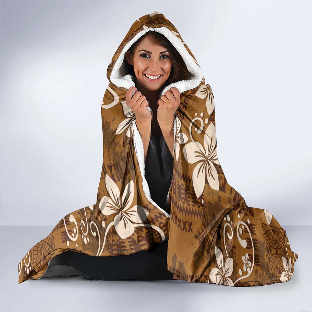 Plumeria Floral Tapa Pattern Vintage Gold Hooded Blanket LT01 - Polynesian Pride