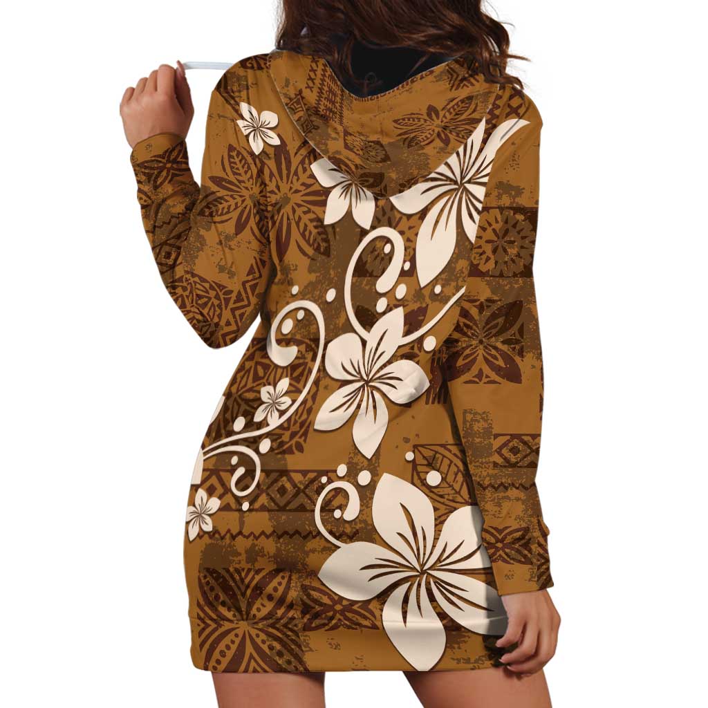 Plumeria Floral Tapa Pattern Vintage Gold Hoodie Dress LT01 - Polynesian Pride