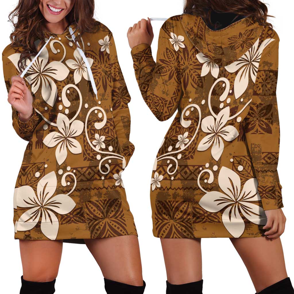 Plumeria Floral Tapa Pattern Vintage Gold Hoodie Dress LT01 - Polynesian Pride