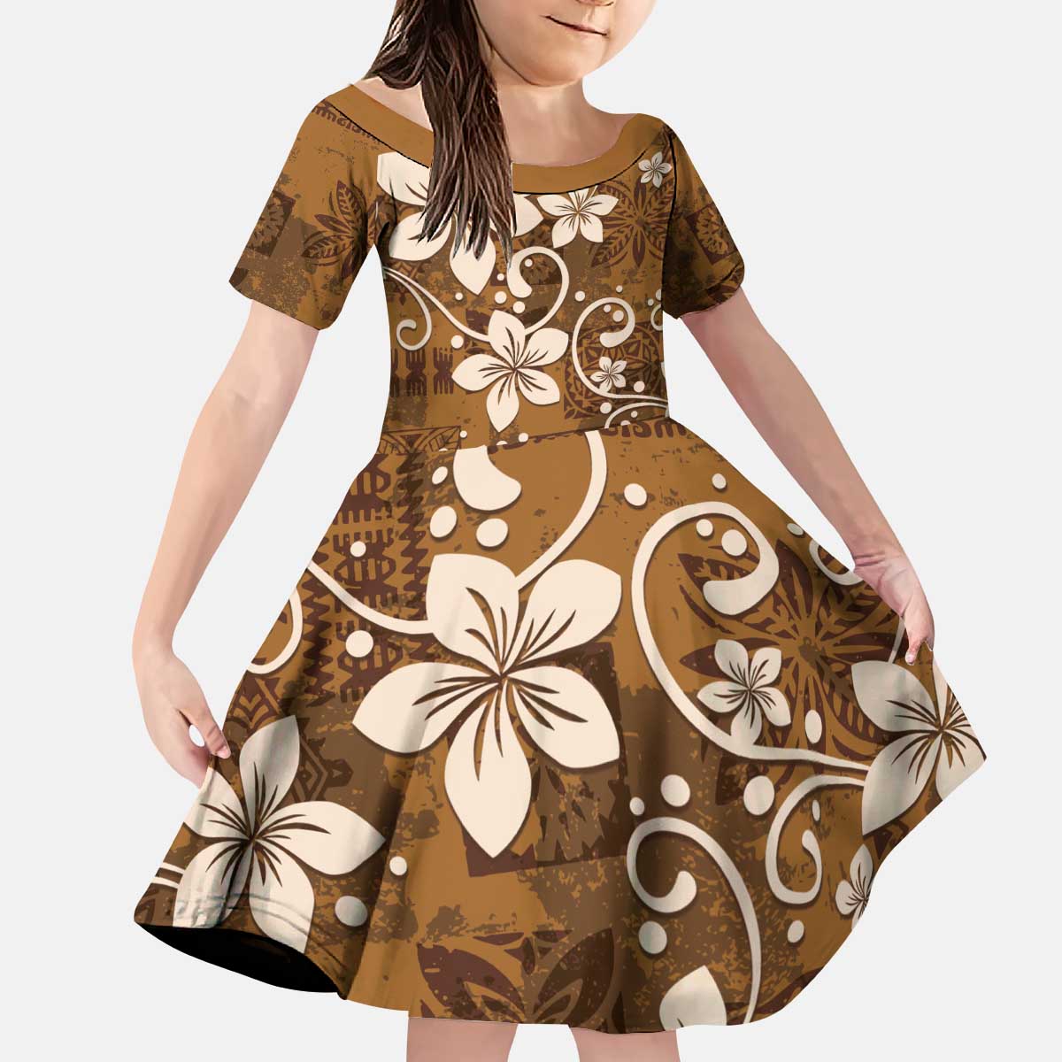 Plumeria Floral Tapa Pattern Vintage Gold Kid Short Sleeve Dress