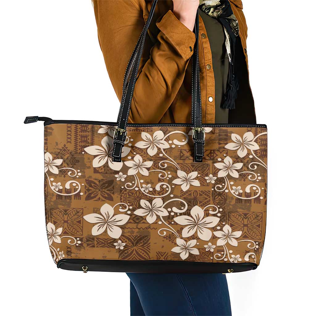 Plumeria Floral Tapa Pattern Vintage Gold Leather Tote Bag LT01 - Polynesian Pride