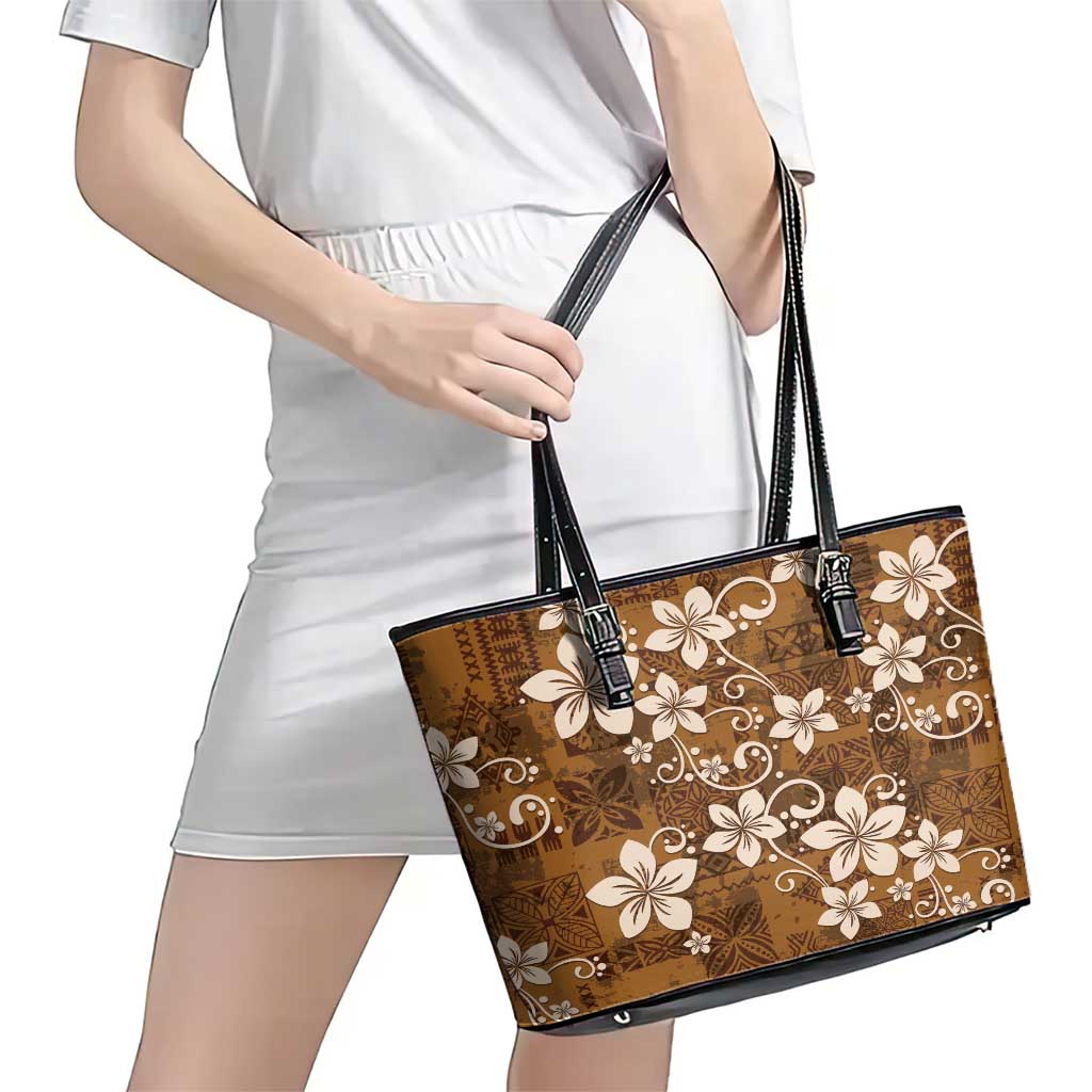 Plumeria Floral Tapa Pattern Vintage Gold Leather Tote Bag LT01 - Polynesian Pride