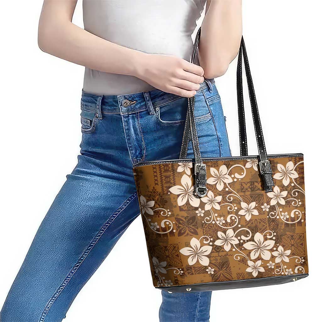 Plumeria Floral Tapa Pattern Vintage Gold Leather Tote Bag LT01 - Polynesian Pride