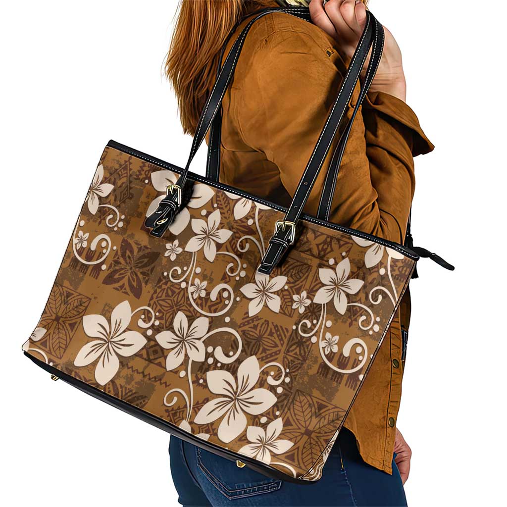Plumeria Floral Tapa Pattern Vintage Gold Leather Tote Bag LT01 - Polynesian Pride
