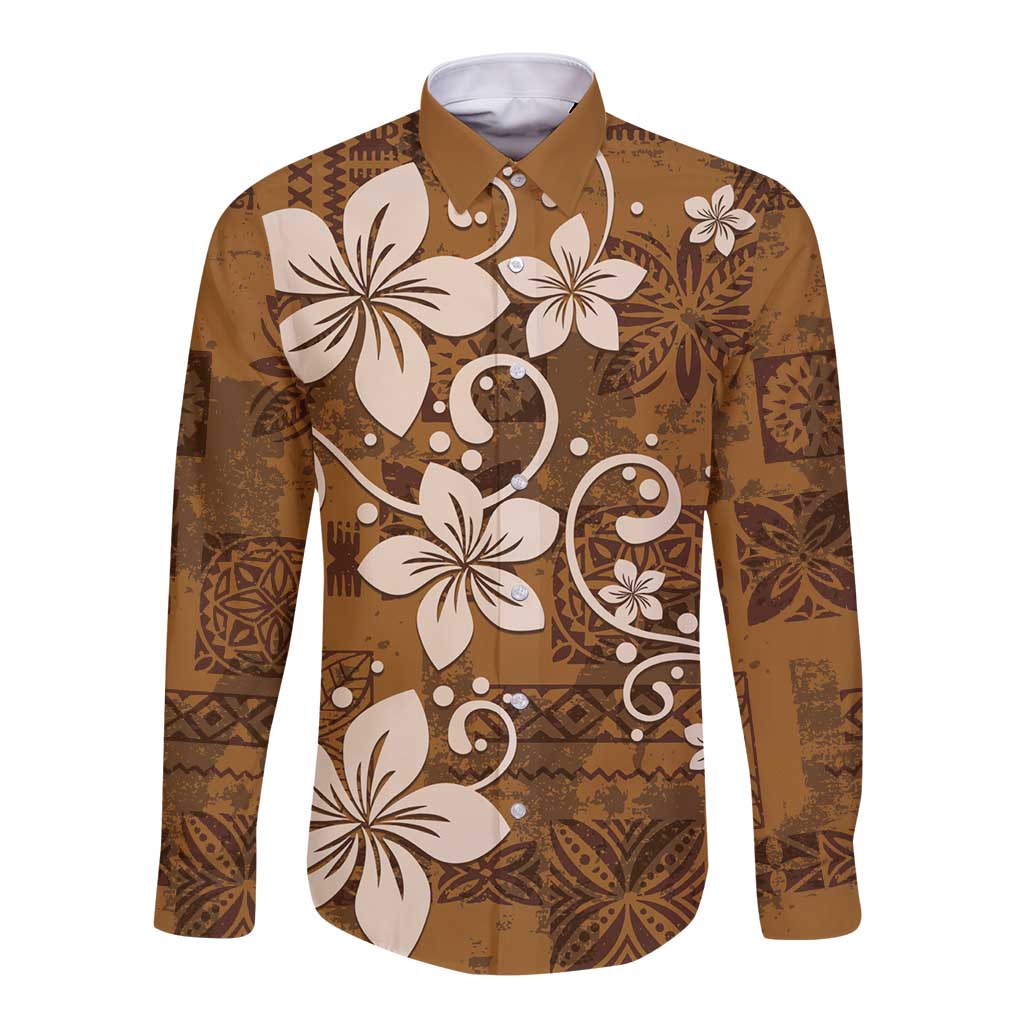 Plumeria Floral Tapa Pattern Vintage Gold Long Sleeve Button Shirt