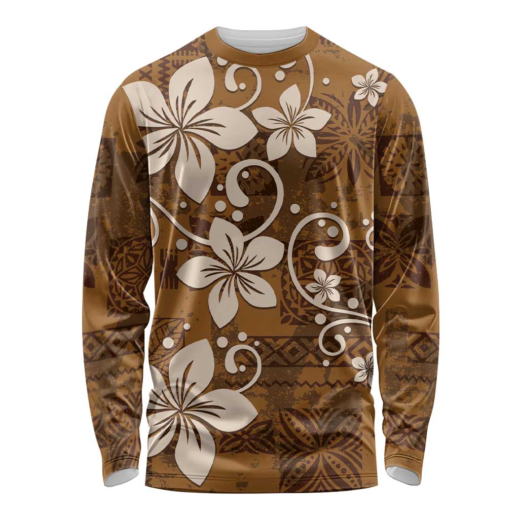 Plumeria Floral Tapa Pattern Vintage Gold Long Sleeve Shirt