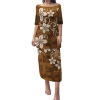 Plumeria Floral Tapa Pattern Vintage Gold Puletasi LT01 Long Dress Gold - Polynesian Pride