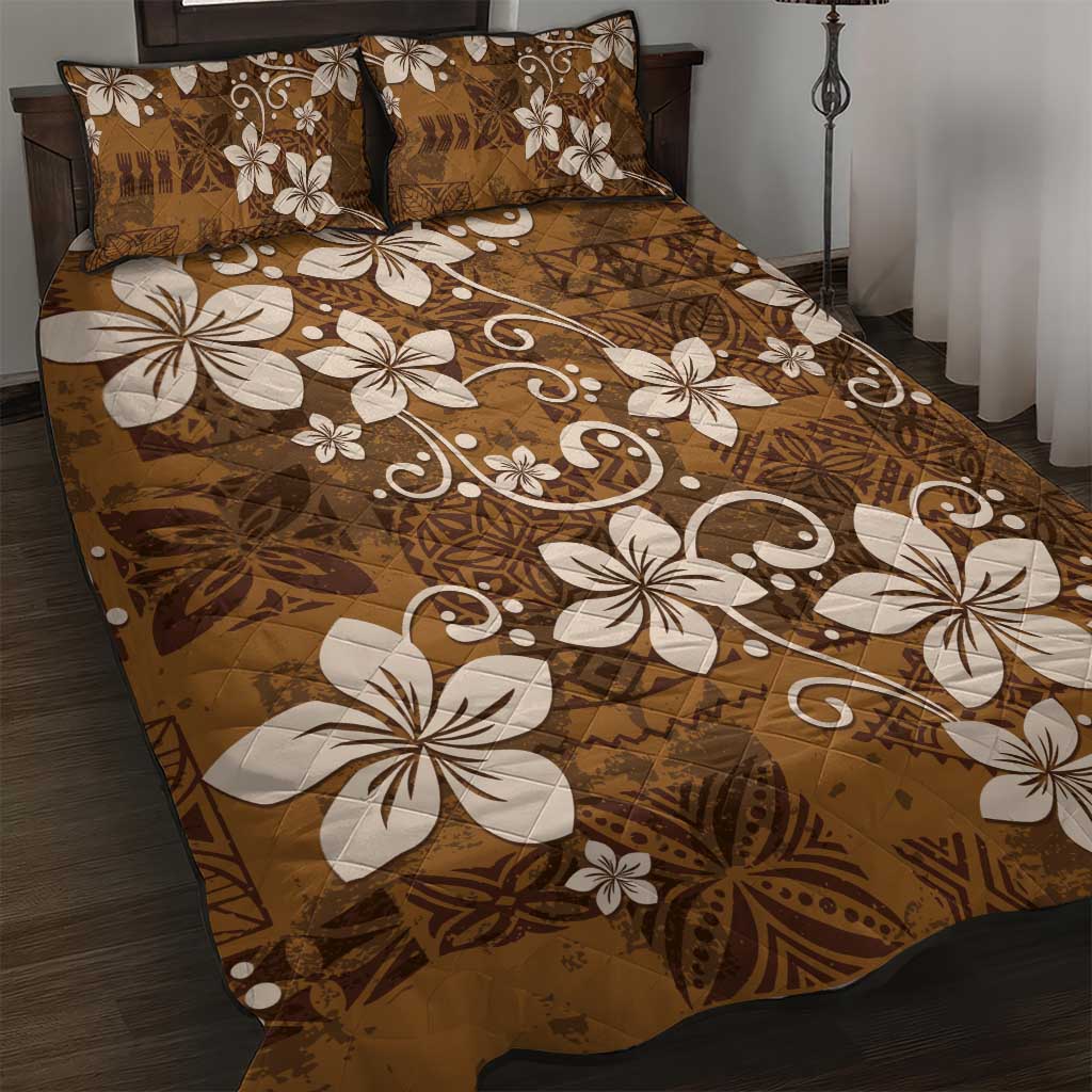 Plumeria Floral Tapa Pattern Vintage Gold Quilt Bed Set