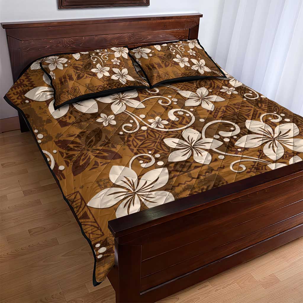 Plumeria Floral Tapa Pattern Vintage Gold Quilt Bed Set LT01 - Polynesian Pride