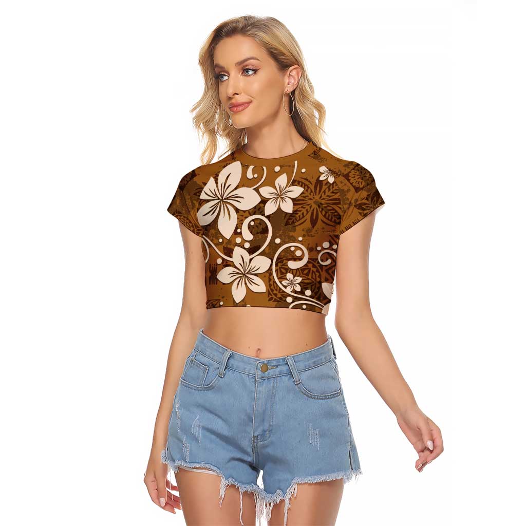 Plumeria Floral Tapa Pattern Vintage Gold Raglan Cropped T Shirt LT01 Female Gold - Polynesian Pride