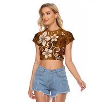 Plumeria Floral Tapa Pattern Vintage Gold Raglan Cropped T Shirt LT01 Female Gold - Polynesian Pride