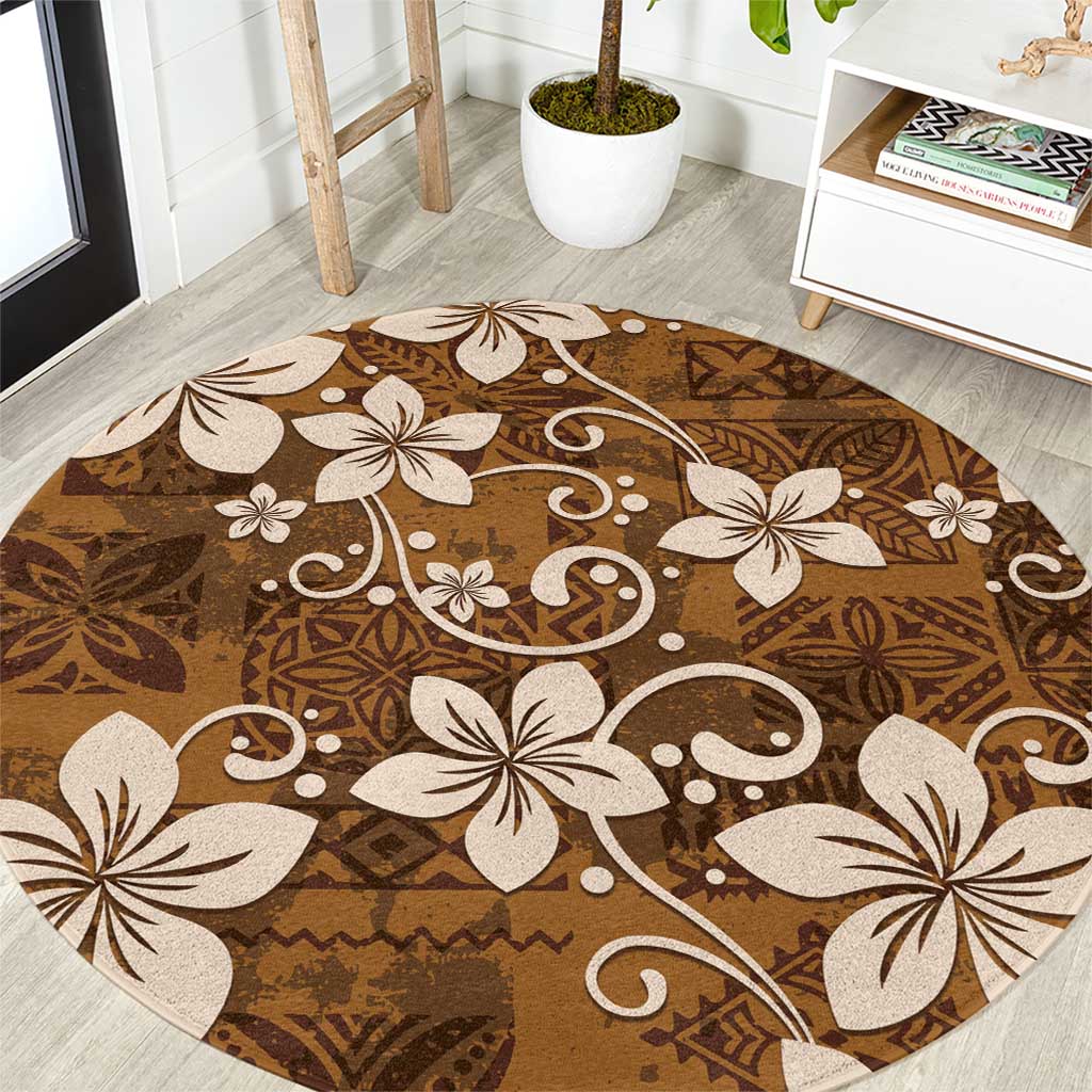 Plumeria Floral Tapa Pattern Vintage Gold Round Carpet