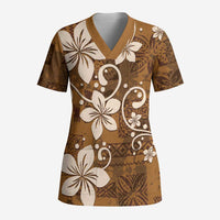 Plumeria Floral Tapa Pattern Vintage Gold Scrub Top LT01 Adult Gold - Polynesian Pride