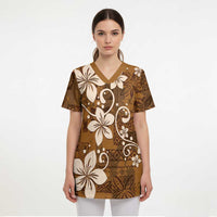 Plumeria Floral Tapa Pattern Vintage Gold Scrub Top LT01 - Polynesian Pride