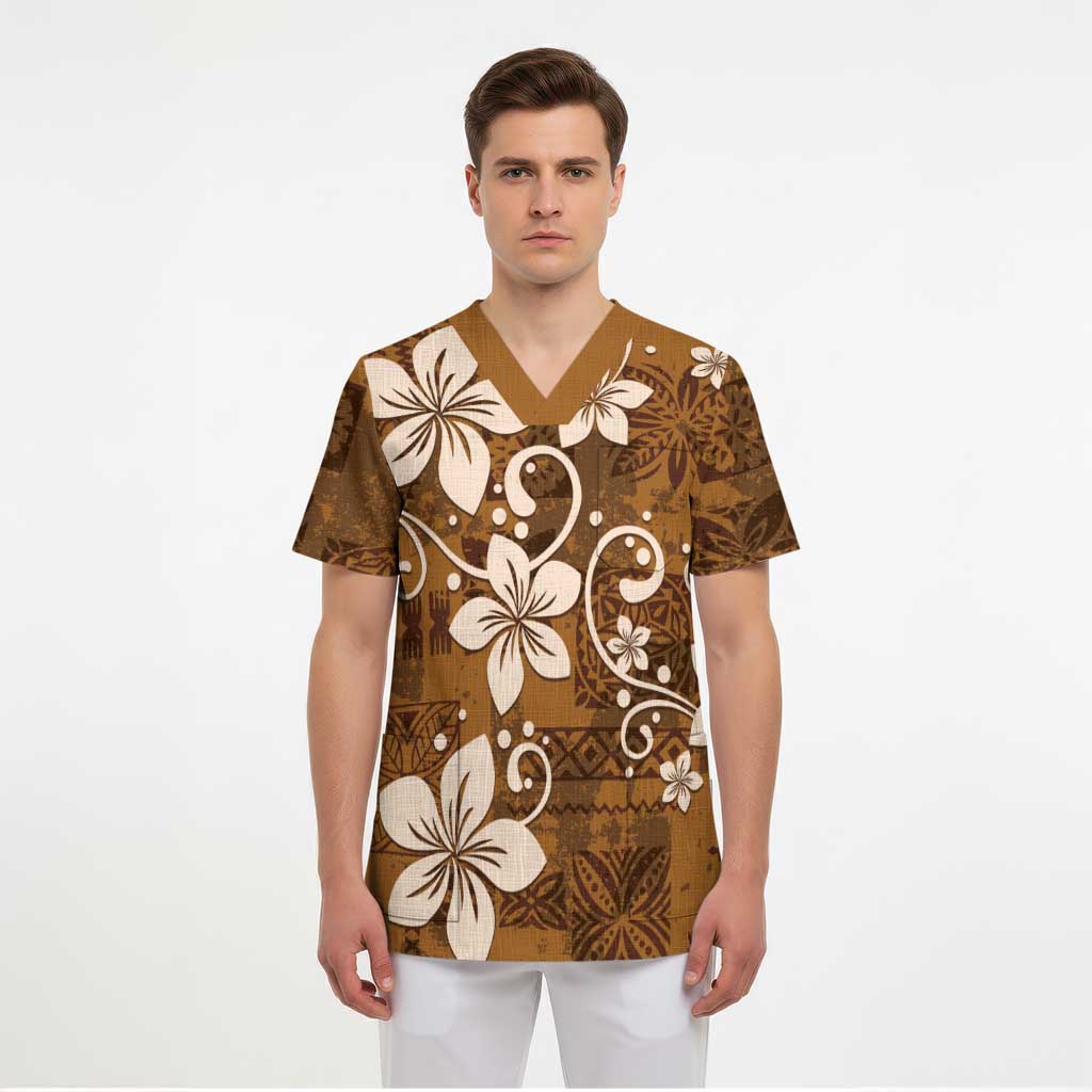 Plumeria Floral Tapa Pattern Vintage Gold Scrub Top LT01 - Polynesian Pride