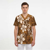 Plumeria Floral Tapa Pattern Vintage Gold Scrub Top LT01 - Polynesian Pride