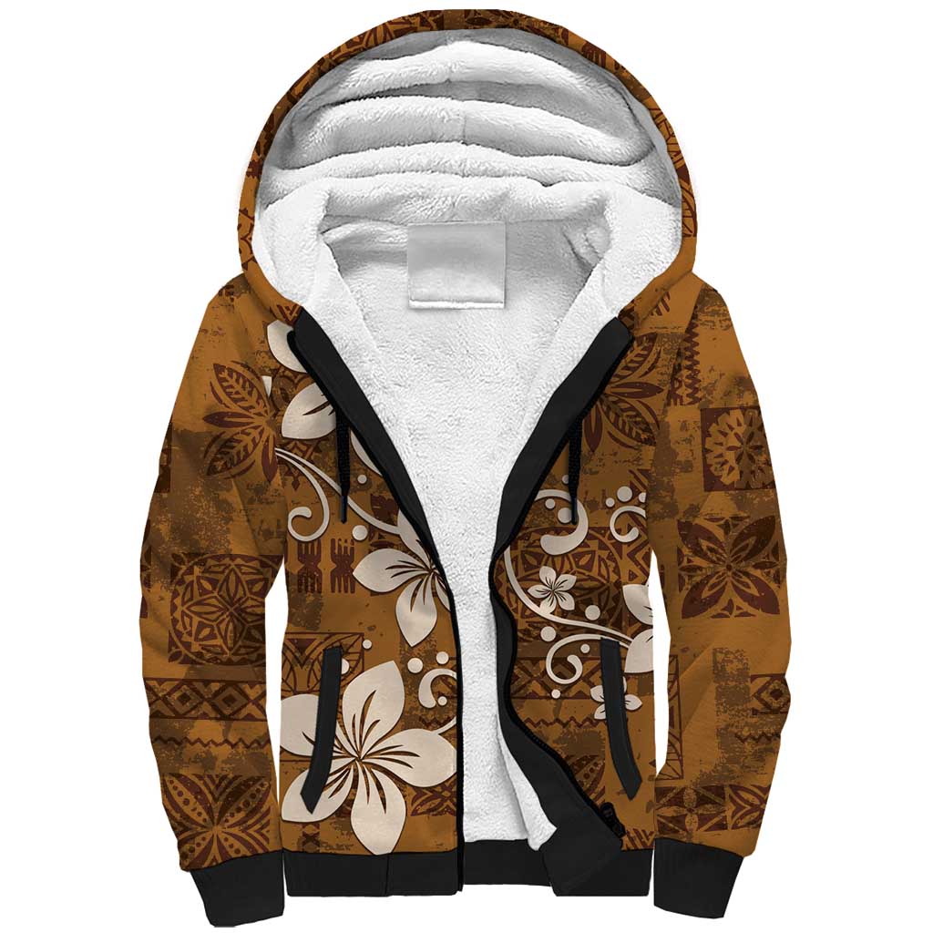 Plumeria Floral Tapa Pattern Vintage Gold Sherpa Hoodie LT01 Unisex Gold - Polynesian Pride
