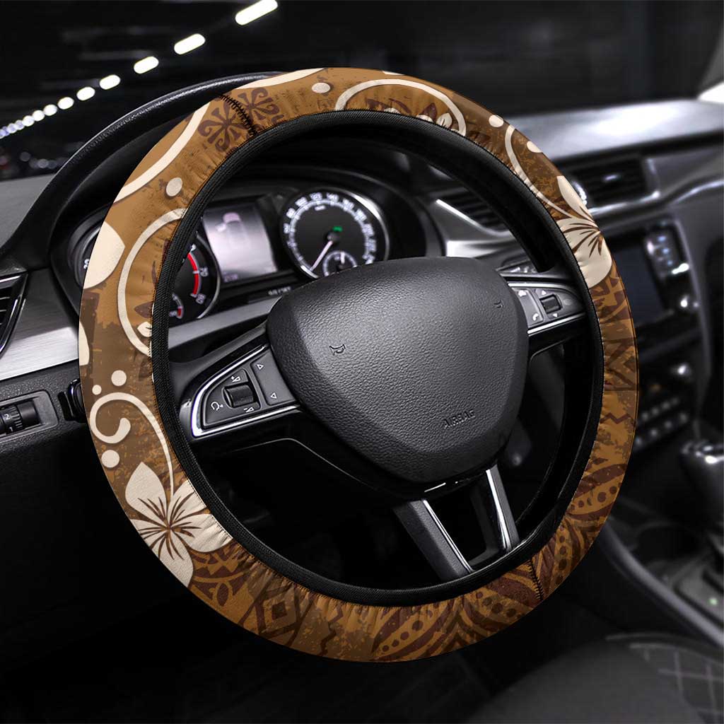Plumeria Floral Tapa Pattern Vintage Gold Steering Wheel Cover LT01 Universal Fit Gold - Polynesian Pride