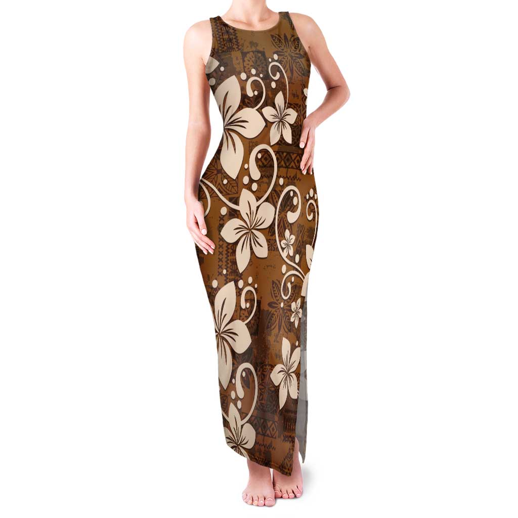 Plumeria Floral Tapa Pattern Vintage Gold Tank Maxi Dress LT01 Women Gold - Polynesian Pride