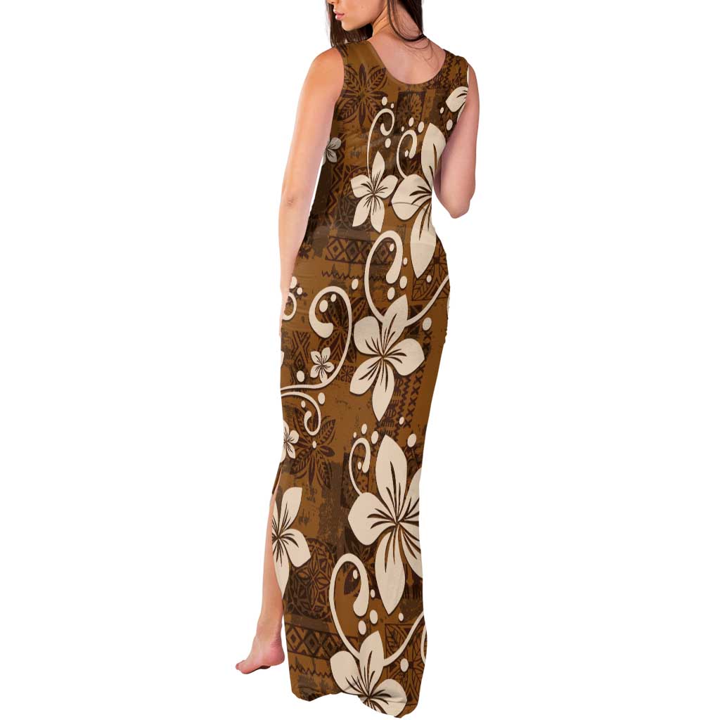 Plumeria Floral Tapa Pattern Vintage Gold Tank Maxi Dress LT01 - Polynesian Pride