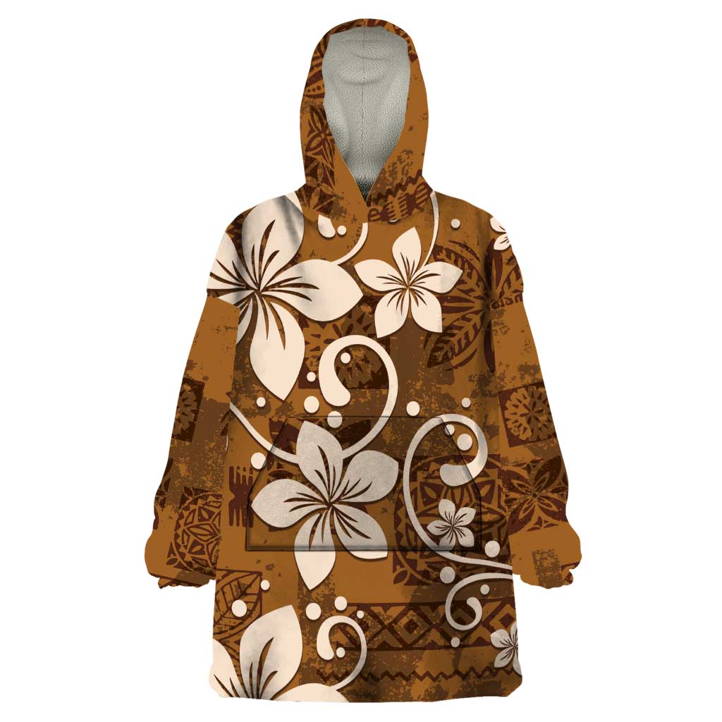 Plumeria Floral Tapa Pattern Vintage Gold Wearable Blanket Hoodie LT01 One Size Gold - Polynesian Pride