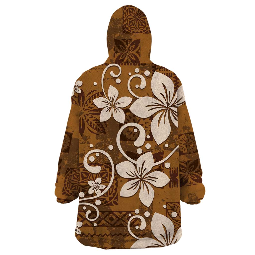 Plumeria Floral Tapa Pattern Vintage Gold Wearable Blanket Hoodie LT01 - Polynesian Pride