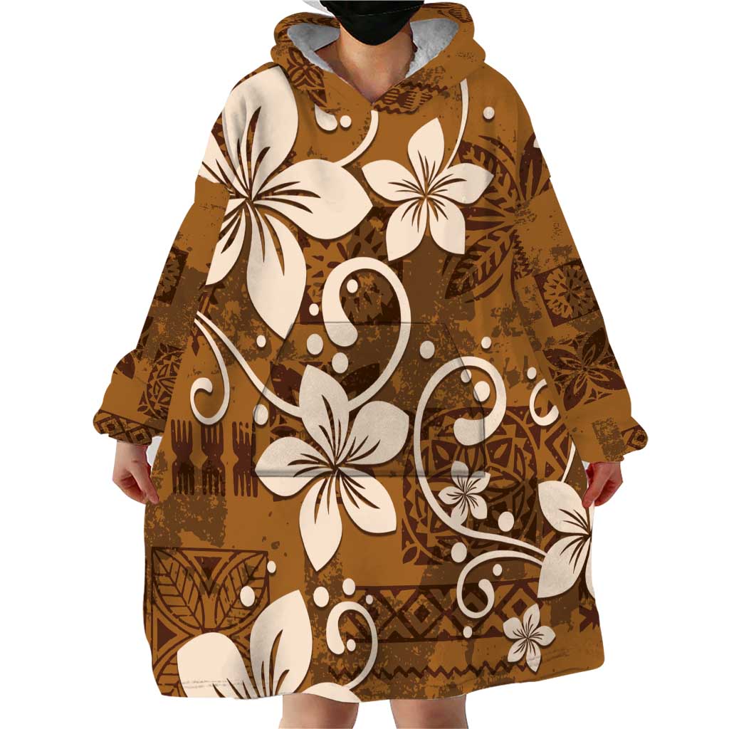 Plumeria Floral Tapa Pattern Vintage Gold Wearable Blanket Hoodie LT01 - Polynesian Pride