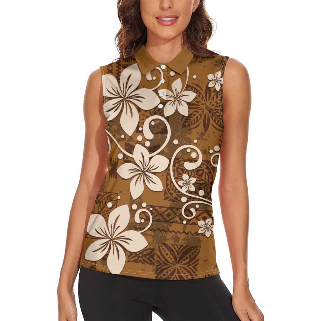 Plumeria Floral Tapa Pattern Vintage Gold Women Sleeveless Polo Shirt