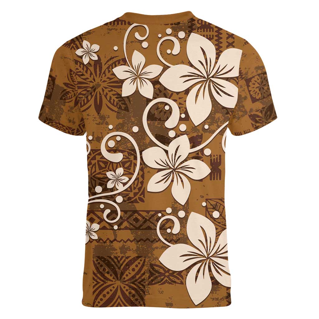 Plumeria Floral Tapa Pattern Vintage Gold Women V-Neck T-Shirt LT01 - Polynesian Pride