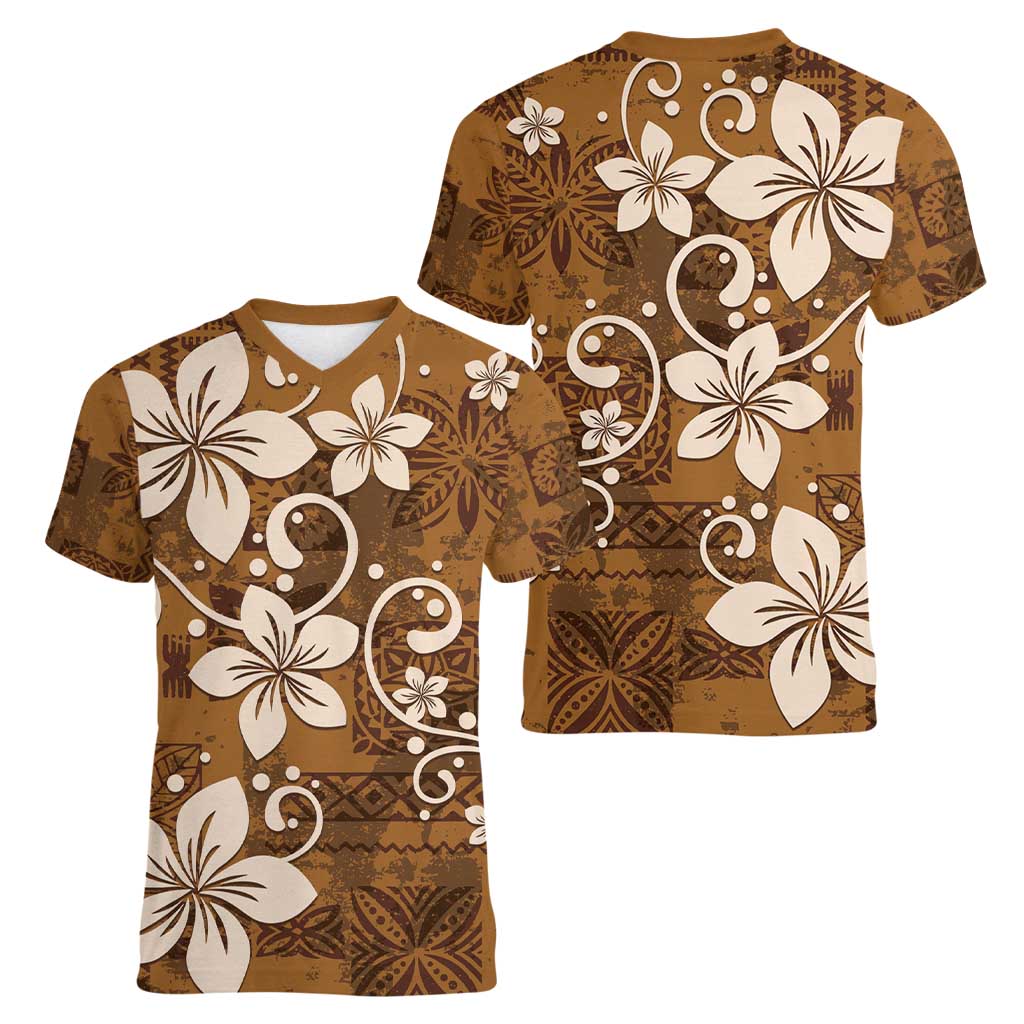 Plumeria Floral Tapa Pattern Vintage Gold Women V-Neck T-Shirt LT01 - Polynesian Pride