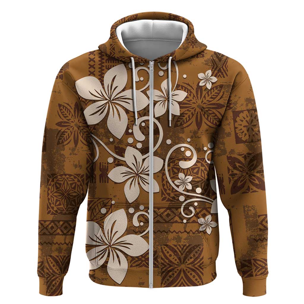 Plumeria Floral Tapa Pattern Vintage Gold Zip Hoodie