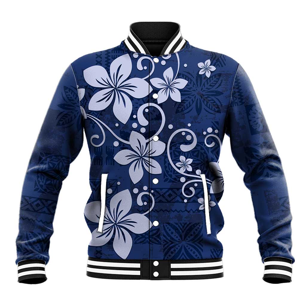 Plumeria Floral Tapa Pattern Navy Blue Baseball Jacket