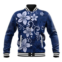 Plumeria Floral Tapa Pattern Navy Blue Baseball Jacket