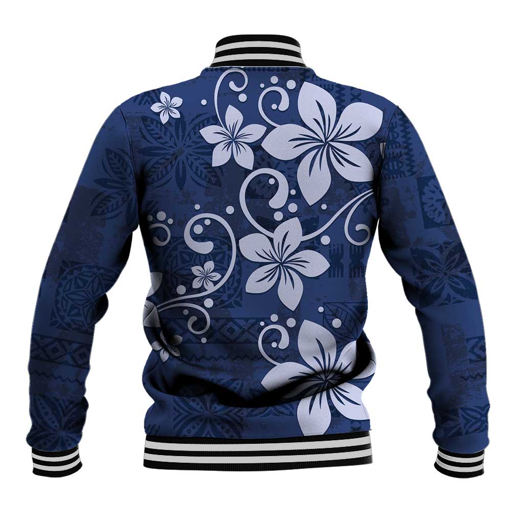 Plumeria Floral Tapa Pattern Navy Blue Baseball Jacket