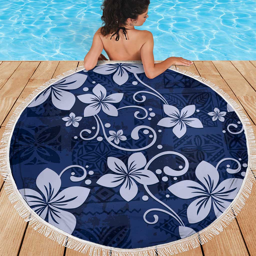 Plumeria Floral Tapa Pattern Navy Blue Beach Blanket LT01 - Polynesian Pride