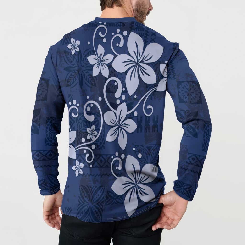 Plumeria Floral Tapa Pattern Navy Blue Button Sweatshirt LT01 - Polynesian Pride