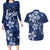 Plumeria Floral Tapa Pattern Navy Blue Couples Matching Long Sleeve Bodycon Dress and Hawaiian Shirt