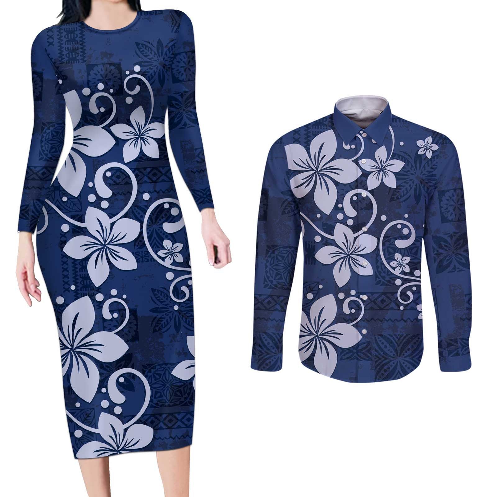Plumeria Floral Tapa Pattern Navy Blue Couples Matching Long Sleeve Bodycon Dress and Long Sleeve Button Shirt LT01 Blue - Polynesian Pride