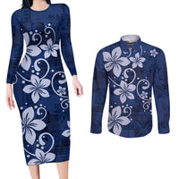 Plumeria Floral Tapa Pattern Navy Blue Couples Matching Long Sleeve Bodycon Dress and Long Sleeve Button Shirt LT01 Blue - Polynesian Pride