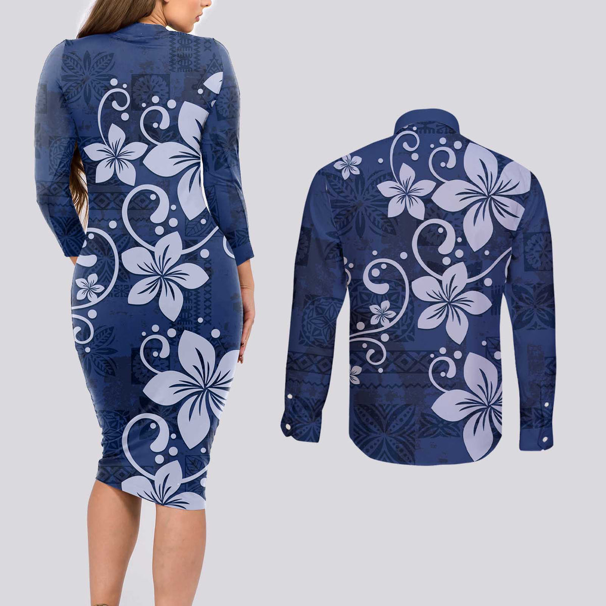 Plumeria Floral Tapa Pattern Navy Blue Couples Matching Long Sleeve Bodycon Dress and Long Sleeve Button Shirt LT01 - Polynesian Pride