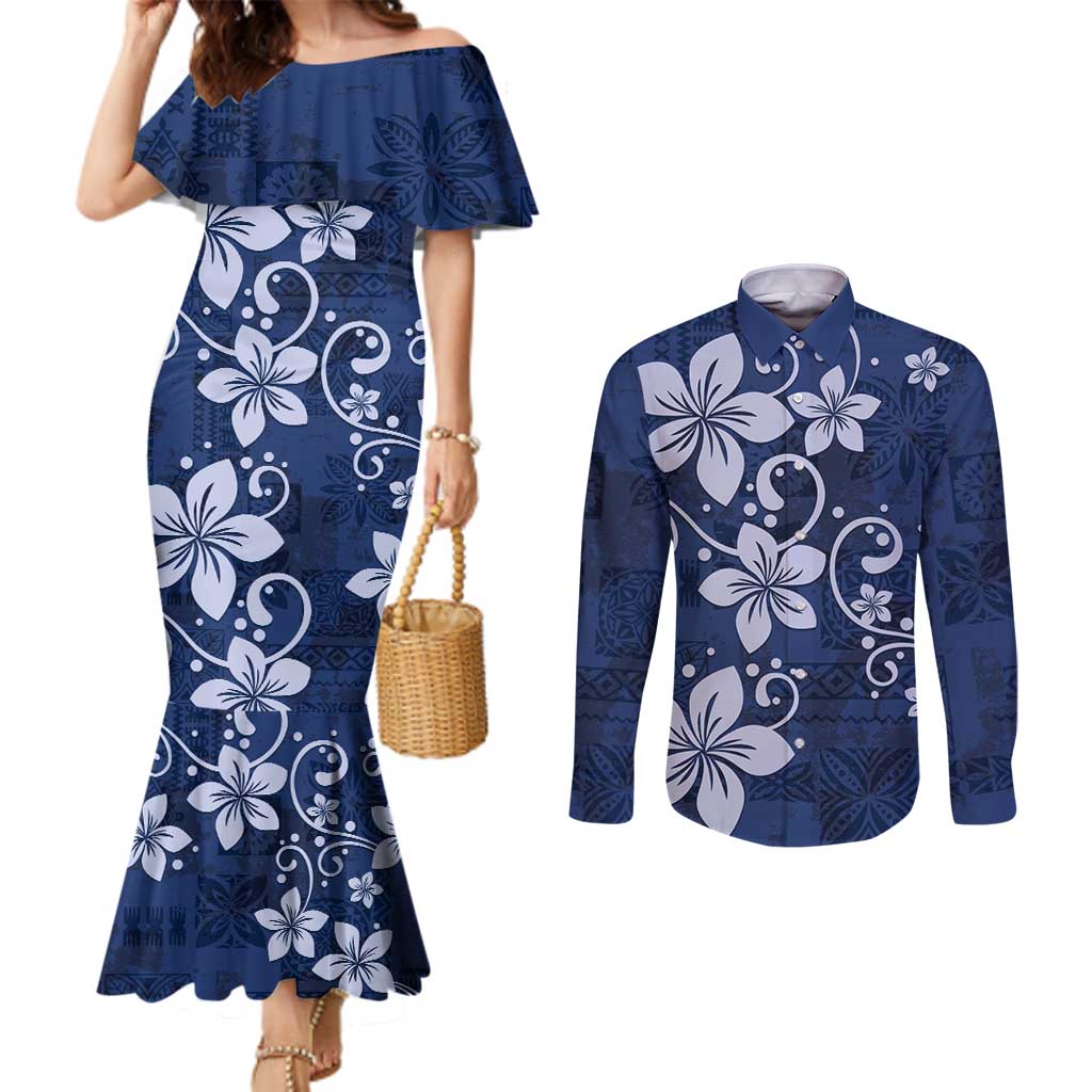 Plumeria Floral Tapa Pattern Navy Blue Couples Matching Mermaid Dress and Long Sleeve Button Shirt LT01 Blue - Polynesian Pride
