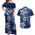 Plumeria Floral Tapa Pattern Navy Blue Couples Matching Off Shoulder Maxi Dress and Hawaiian Shirt