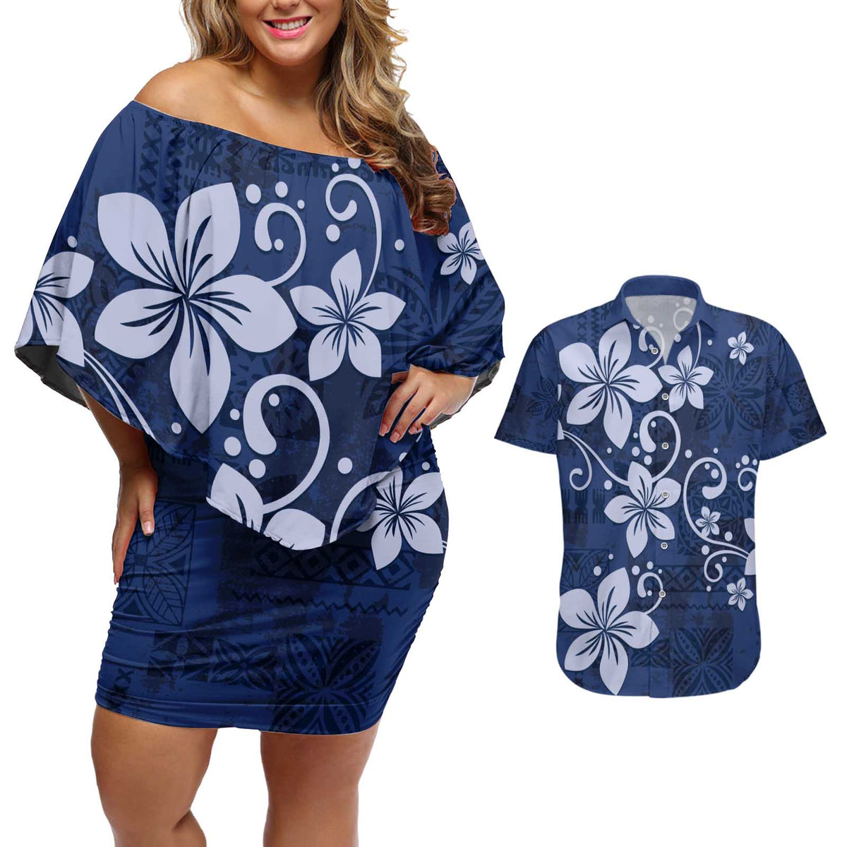 Plumeria Floral Tapa Pattern Navy Blue Couples Matching Off Shoulder Short Dress and Hawaiian Shirt LT01 Blue - Polynesian Pride